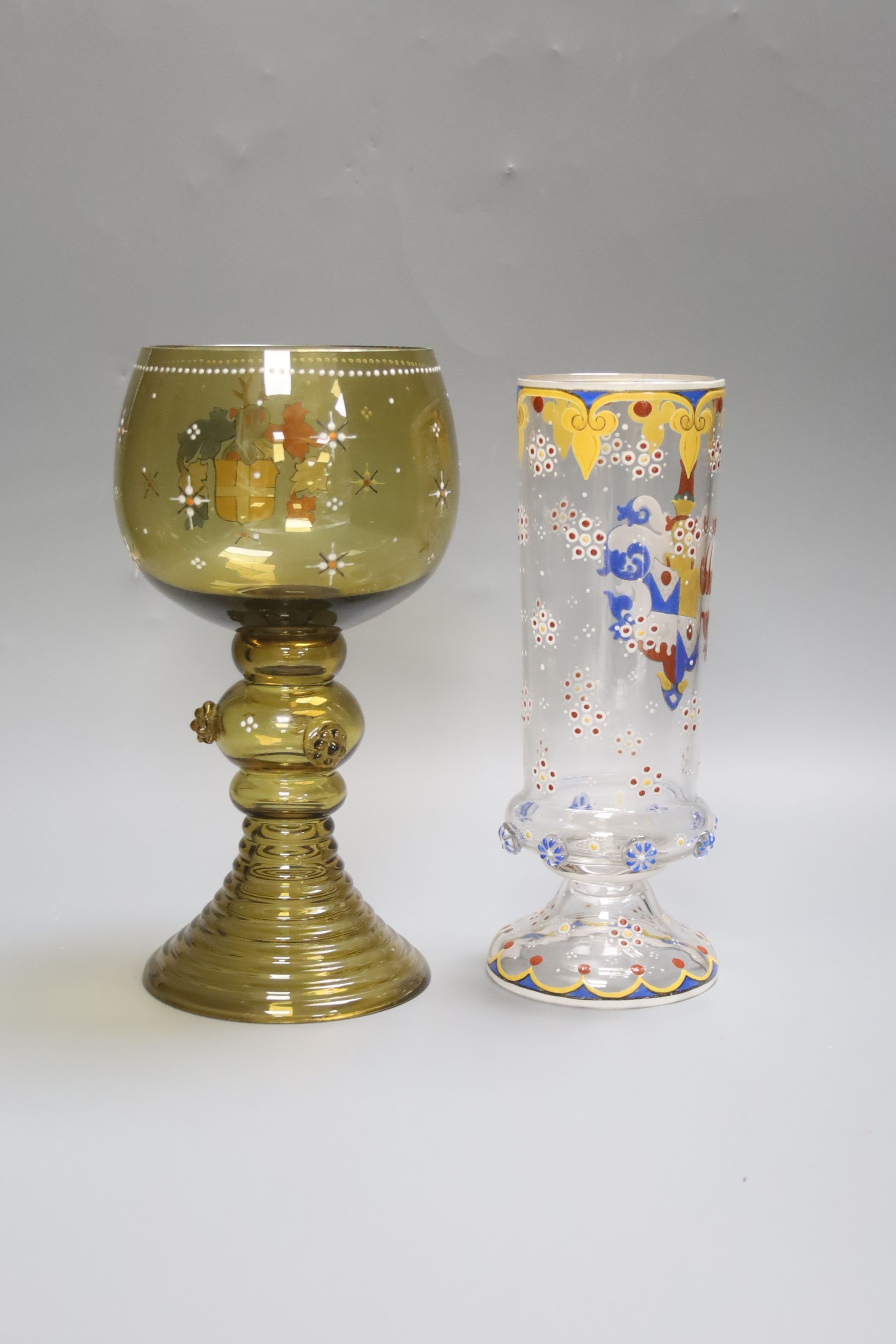 A German Historismus armorial enamelled glass roemer and humpen 24cm